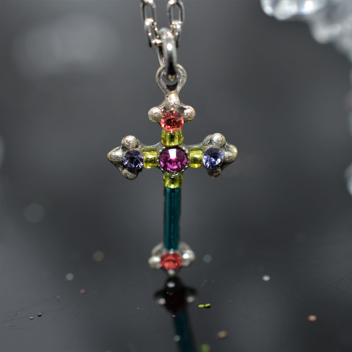 Antique Silver Plated Petite Cross Pendant With Multicolor Crystals by Firefly