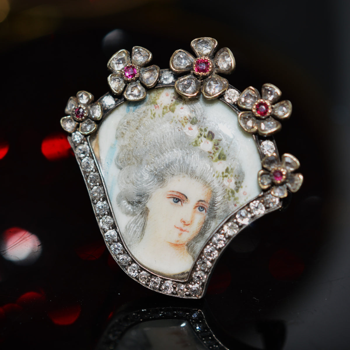 Silver Topped 18K Yellow Gold Georgian Portrait Brooch With Rubies and Diamonds