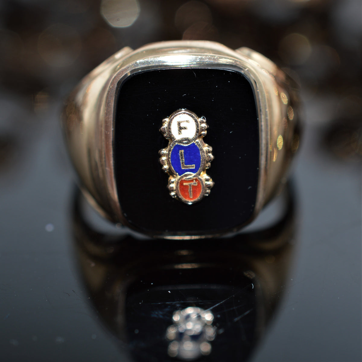 10K Yellow Gold Black Onyx &quot;Odd Fellows&quot;  Ring