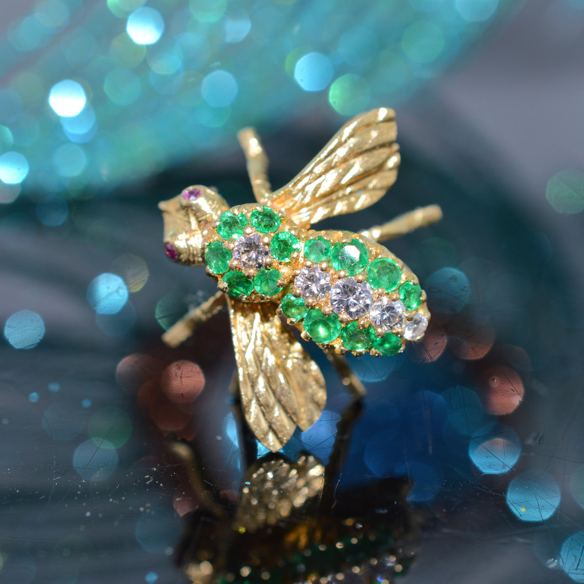 18K Yellow Gold Emerald and Diamond Signed &quot;Herbert Rosenthal&quot; Bee Pin