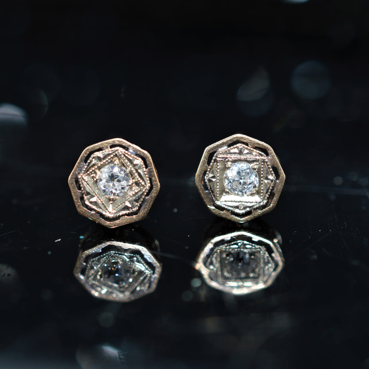 14K Two Tone Gold Old European Cut Diamond Earrings