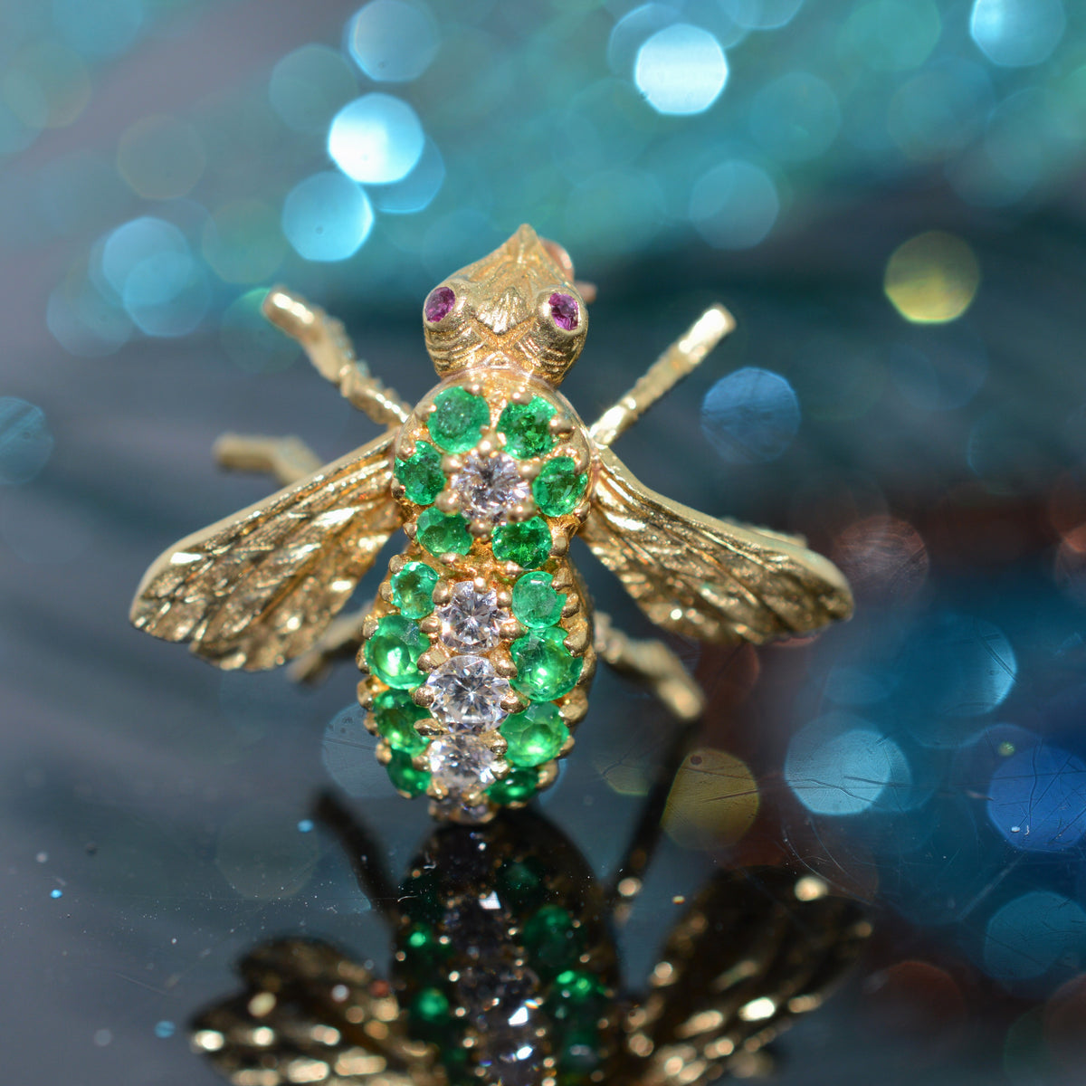 18K Yellow Gold Emerald and Diamond Signed &quot;Herbert Rosenthal&quot; Bee Pin