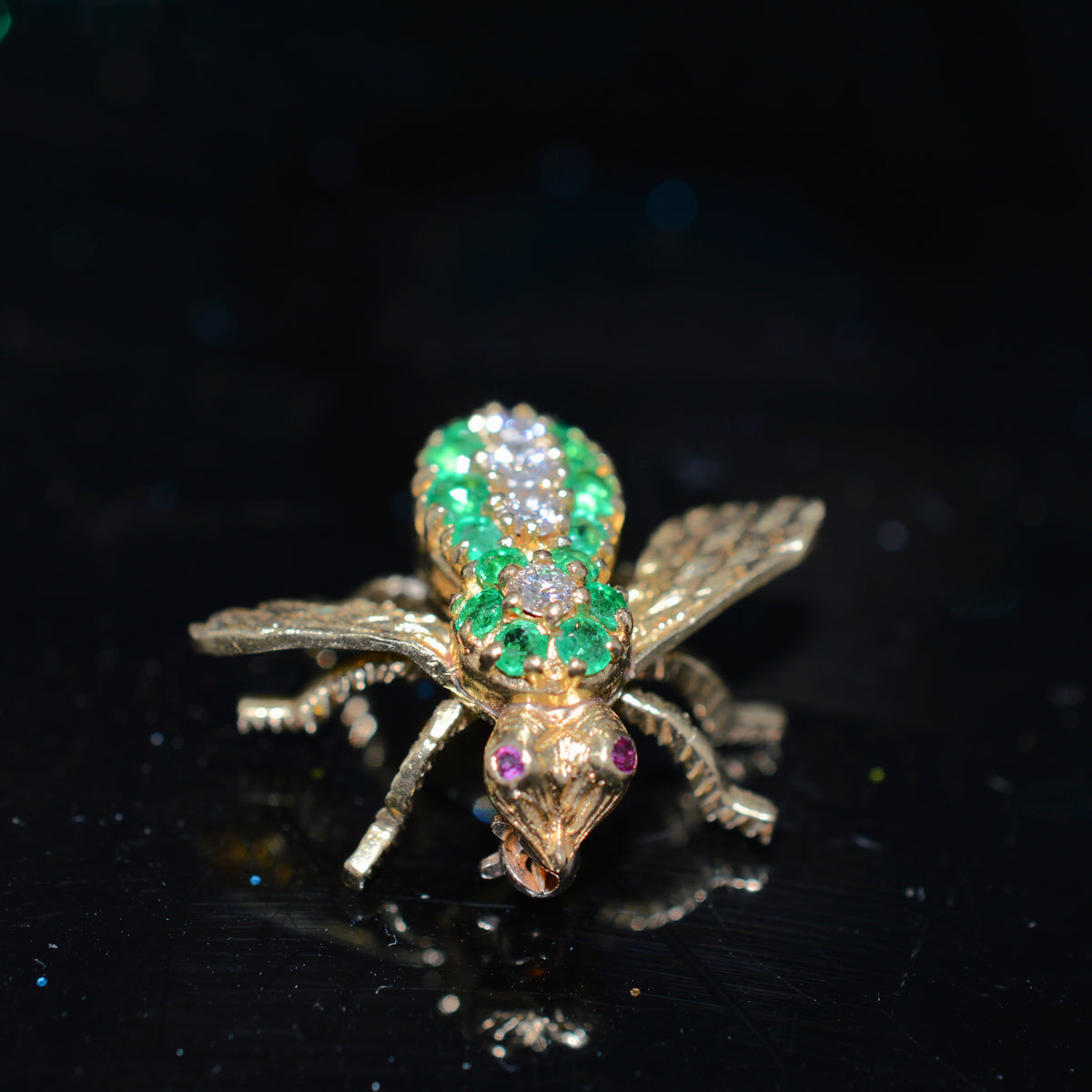 18K Yellow Gold Emerald and Diamond Signed &quot;Herbert Rosenthal&quot; Bee Pin