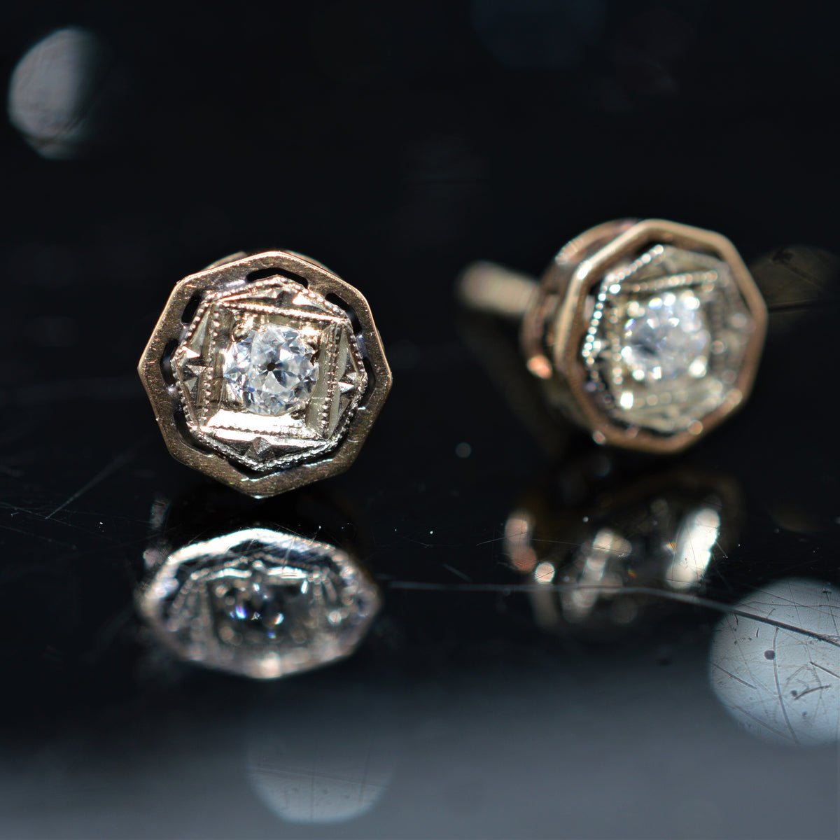14K Two Tone Gold Old European Cut Diamond Earrings