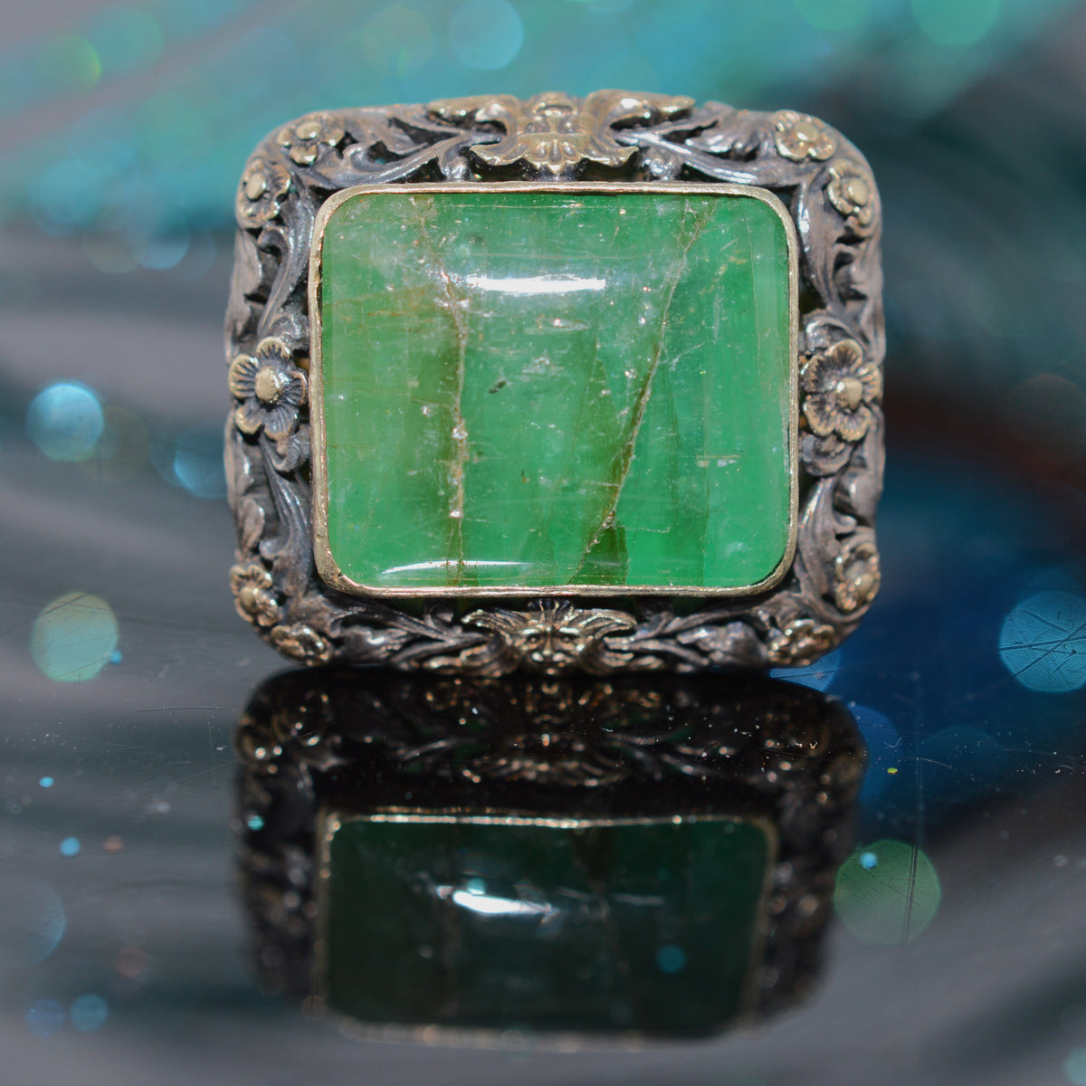 Silver Topped 18K Yellow Gold Victorian Emerald Ring