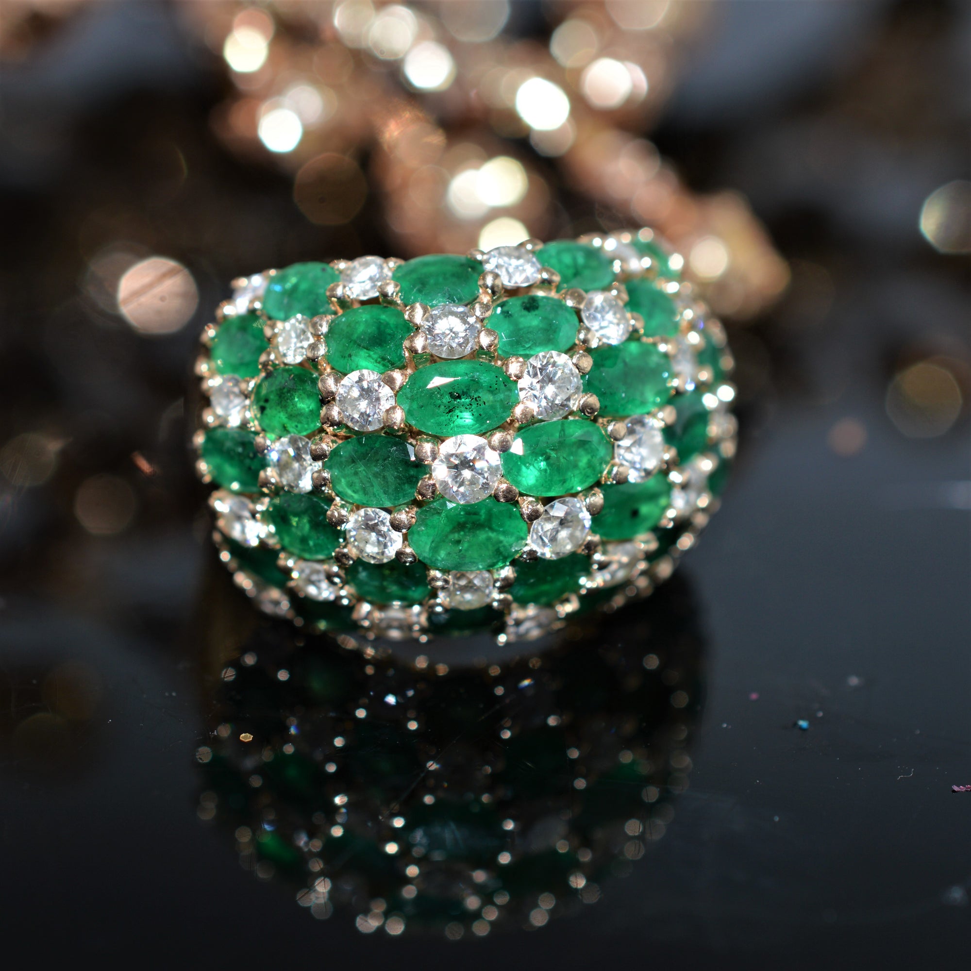 14K Yellow Gold Stunning Emerald And Diamond Bombe Ring