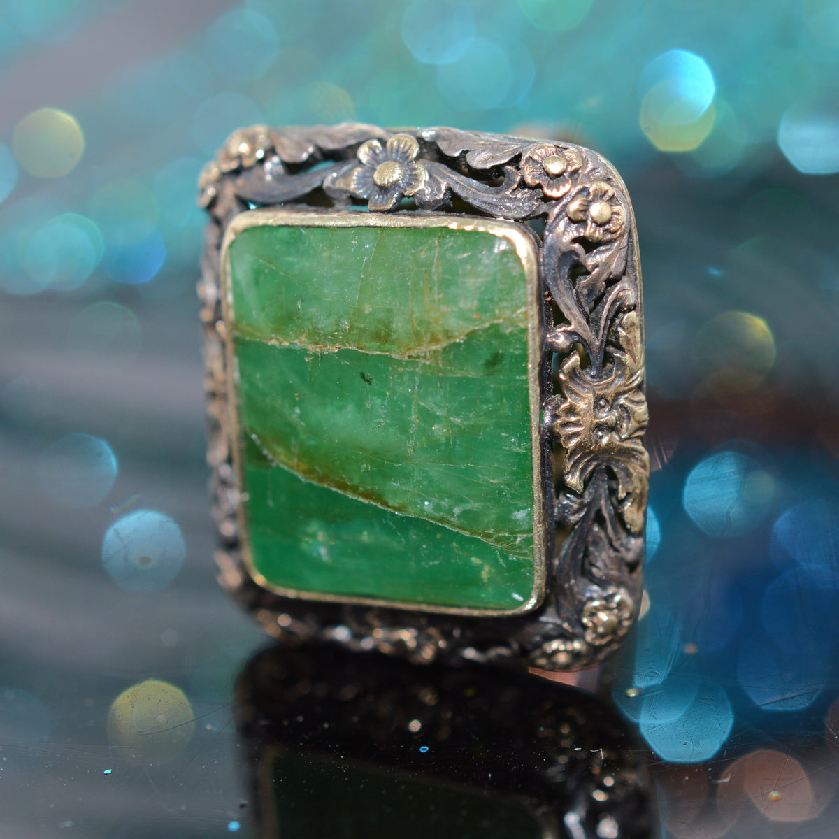Silver Topped 18K Yellow Gold Victorian Emerald Ring
