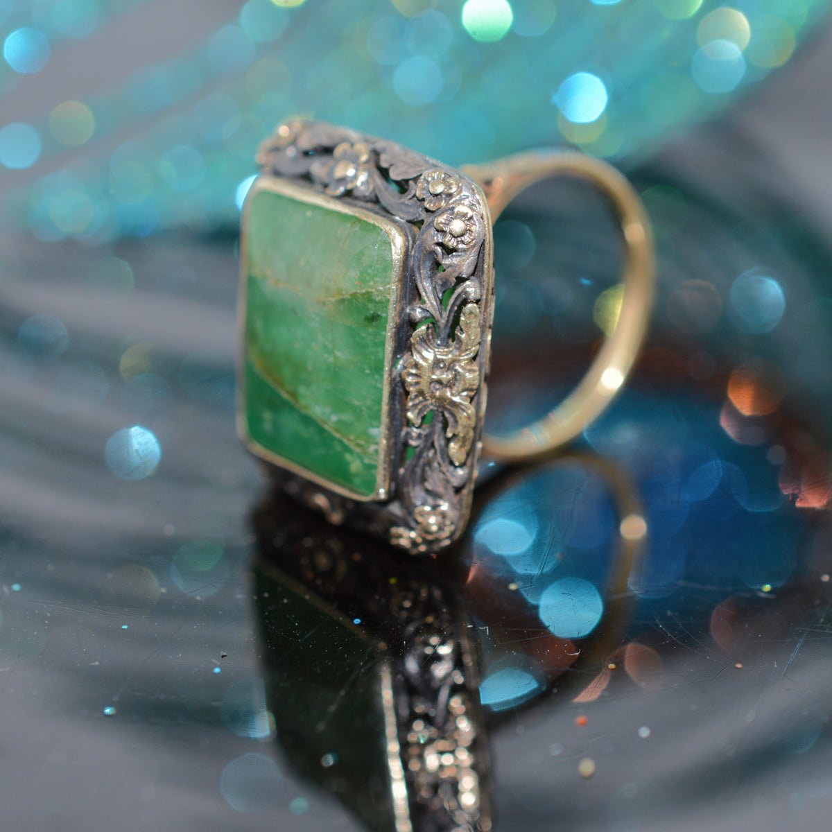 Silver Topped 18K Yellow Gold Victorian Emerald Ring