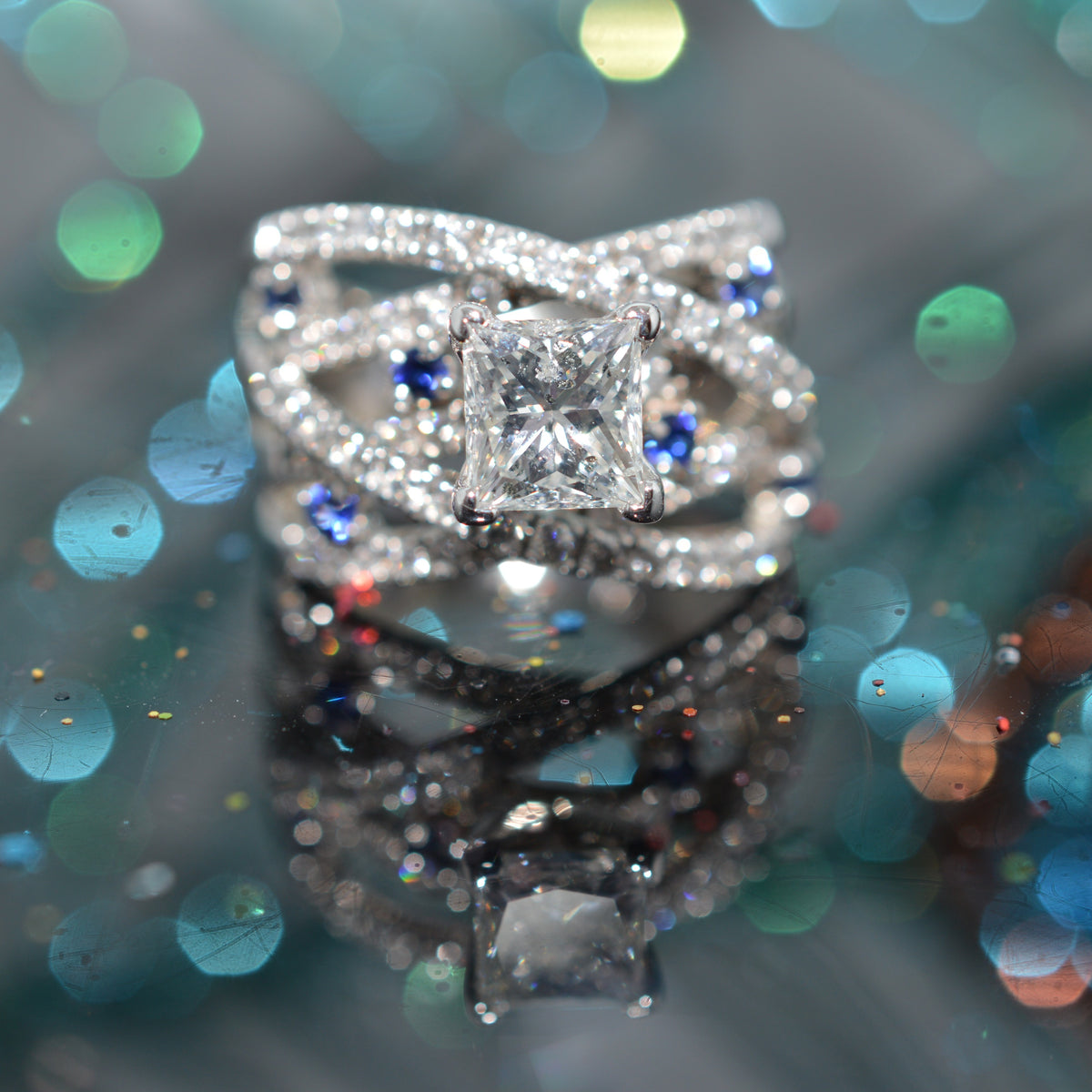 14K White Gold Princess Cut Diamond Wide Engagement Ring With Sapphires