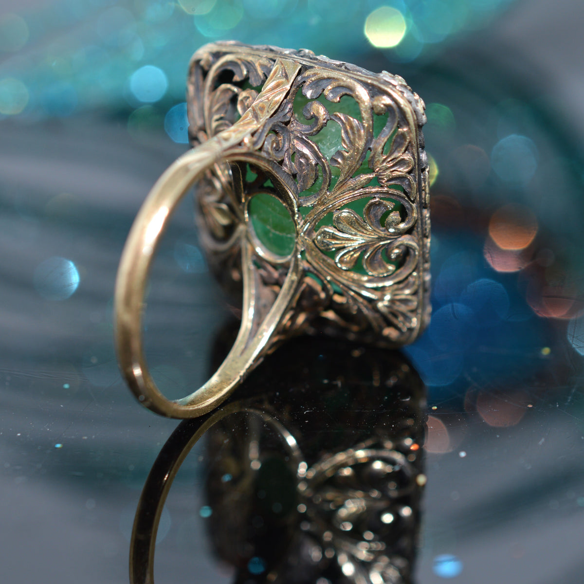 Silver Topped 18K Yellow Gold Victorian Emerald Ring