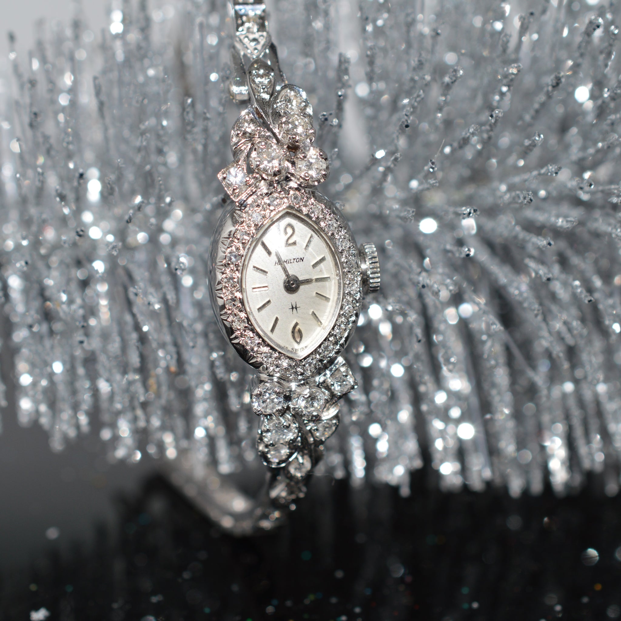 Ladies 14K White Gold Diamond Hamilton Watch With Marquise Shape