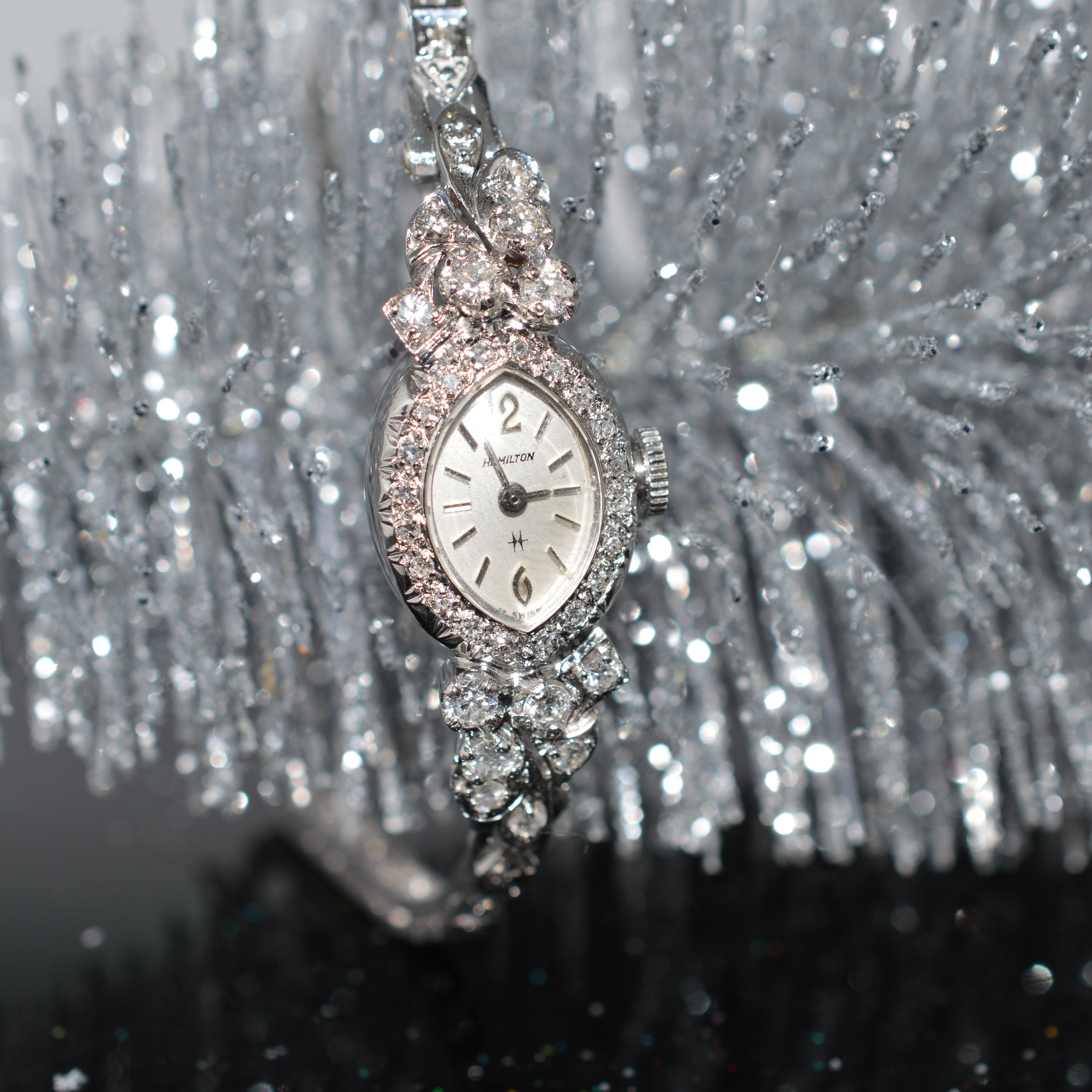 Ladies 14K White Gold Diamond Hamilton Watch With Marquise Shape