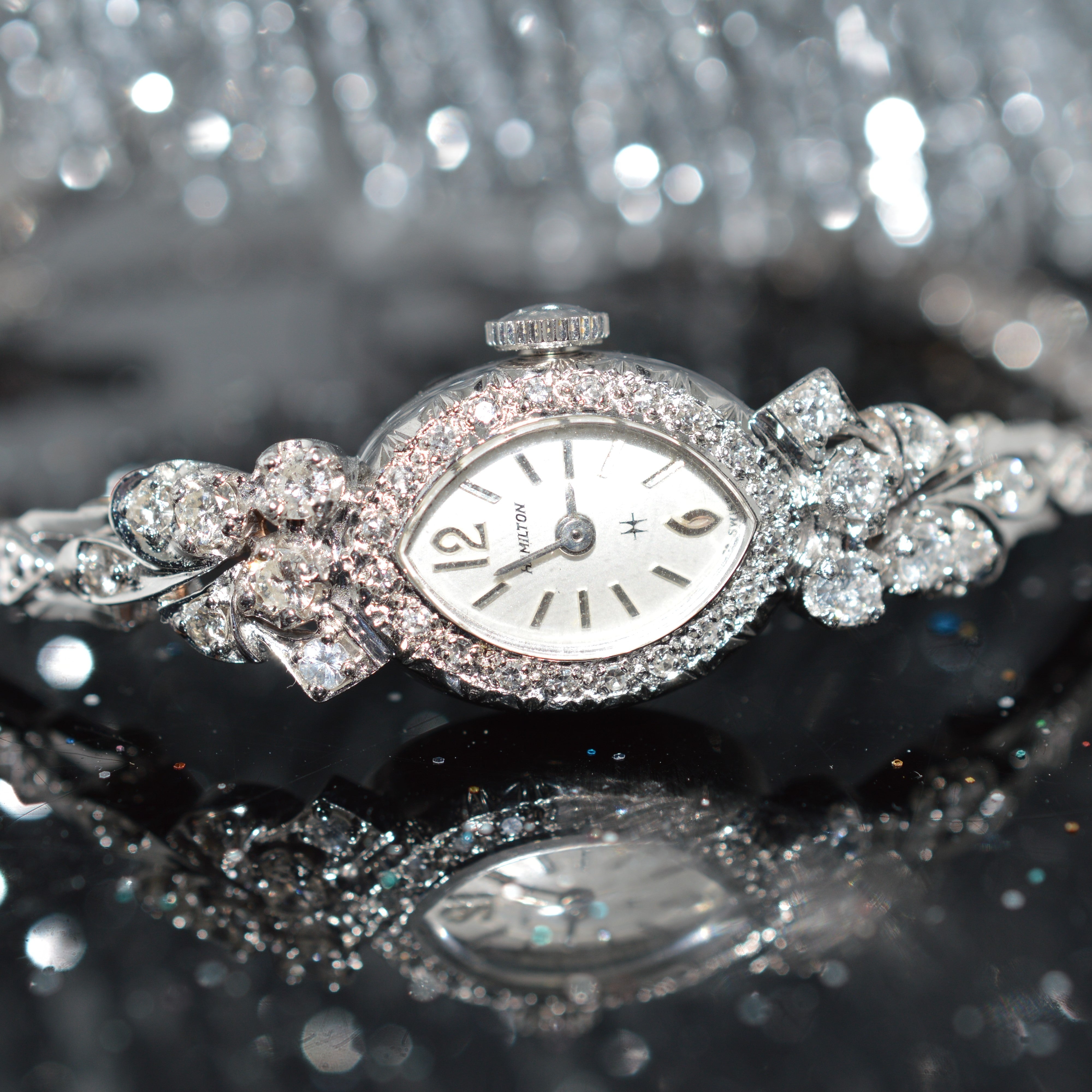 Hamilton Vintage 14K White Gold Diamond Ladies Watch - Working Vintage Hamilton 14k White Gold Diamond Ladies Watch, Keeps  main image 2