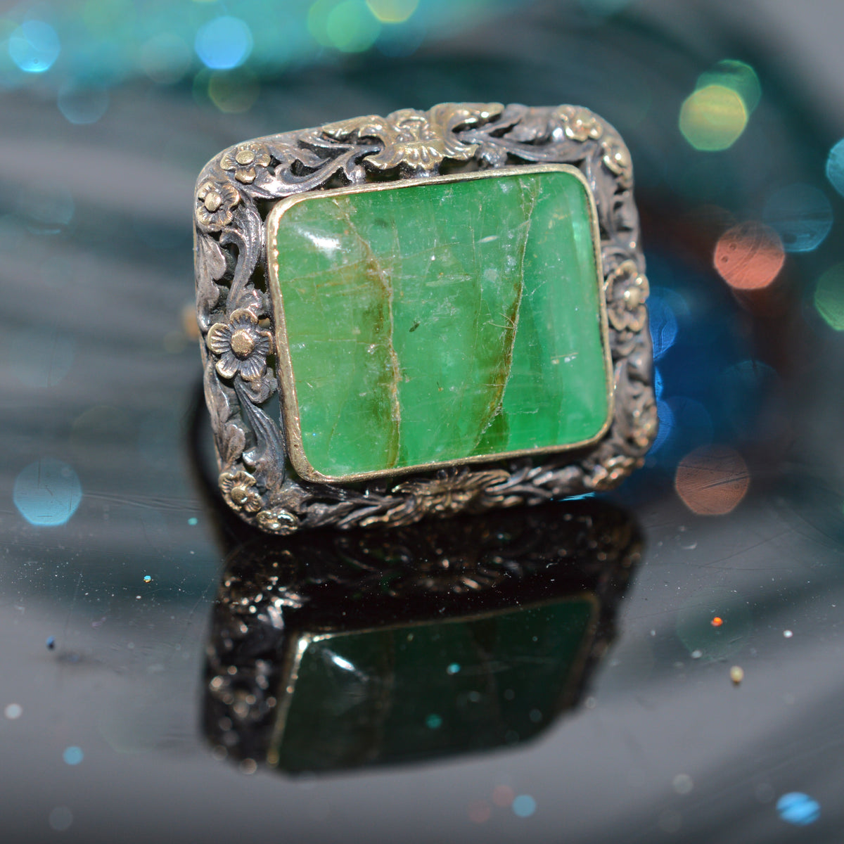 Silver Topped 18K Yellow Gold Victorian Emerald Ring