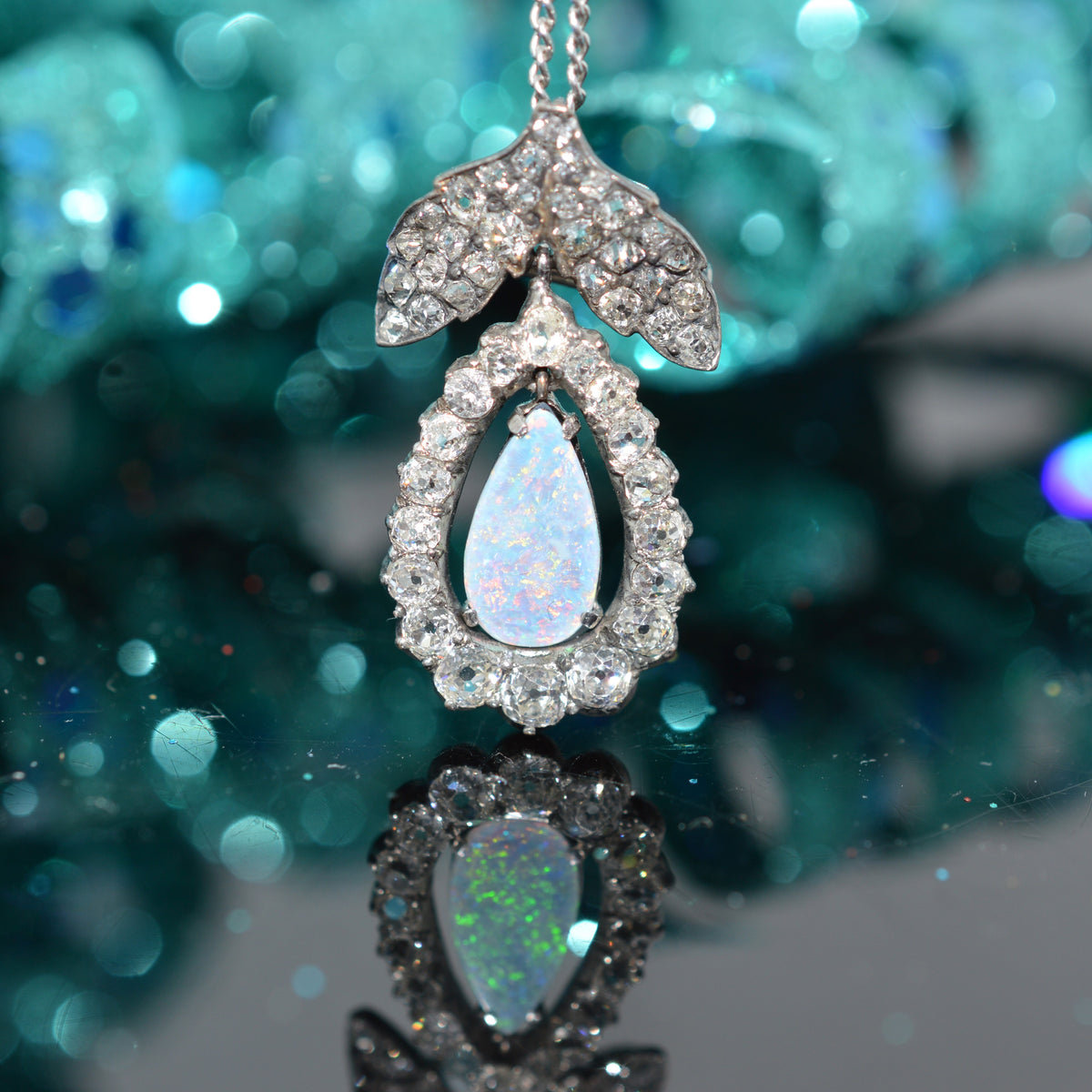 Silver and Gold Antique Opal and Old Mine Cut Diamond Pin/Pendant