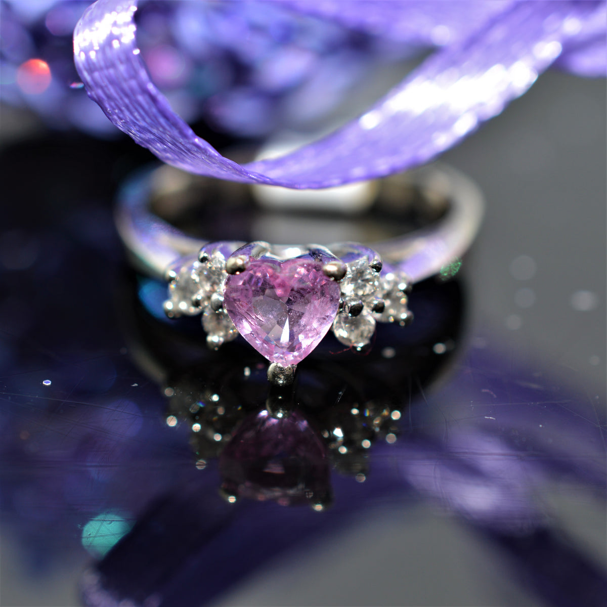 14K White Gold Heart Shape Pink Sapphire and Diamond Ring