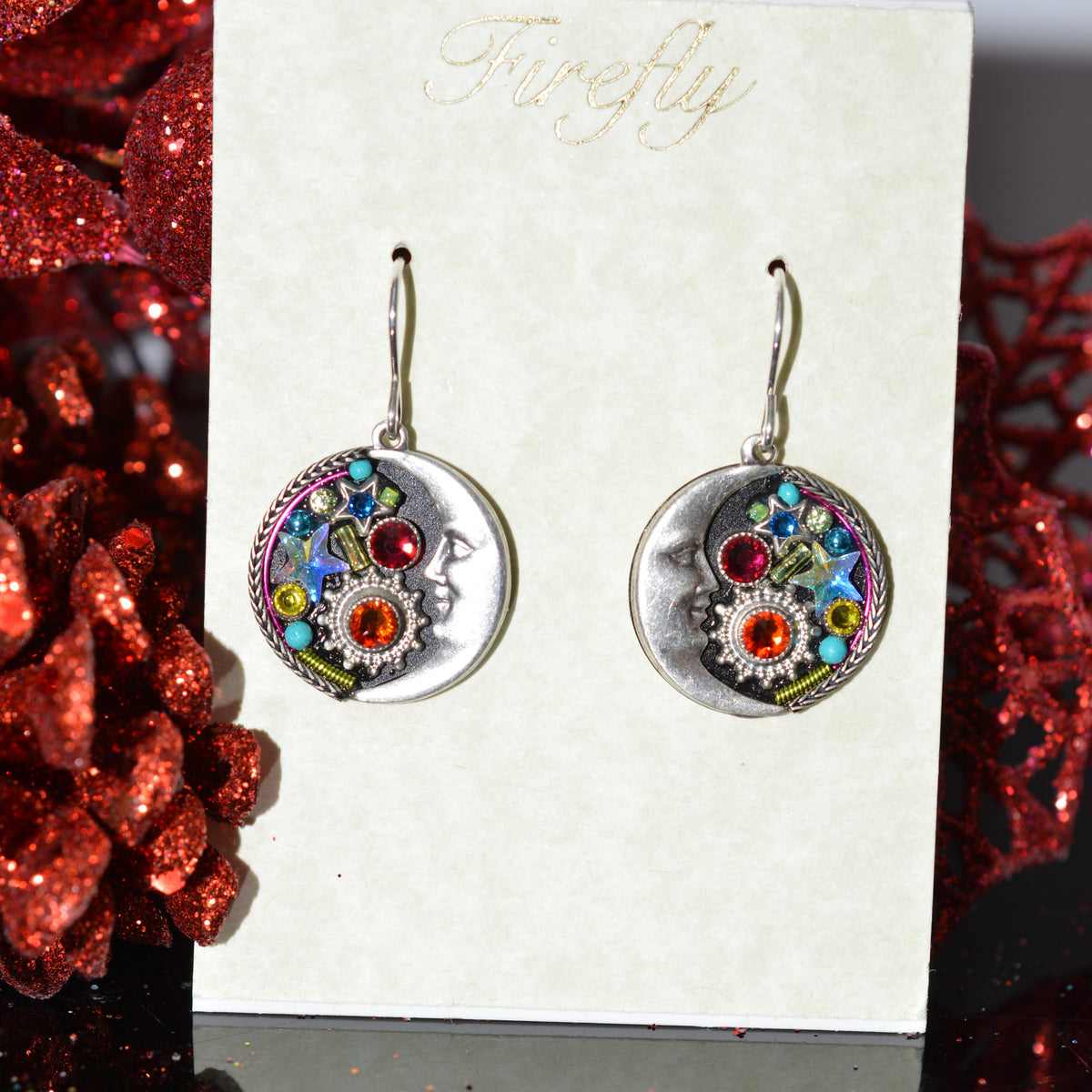 Antique Silver Plated Moon Multi-Colored Crystal Earrings by Firefly