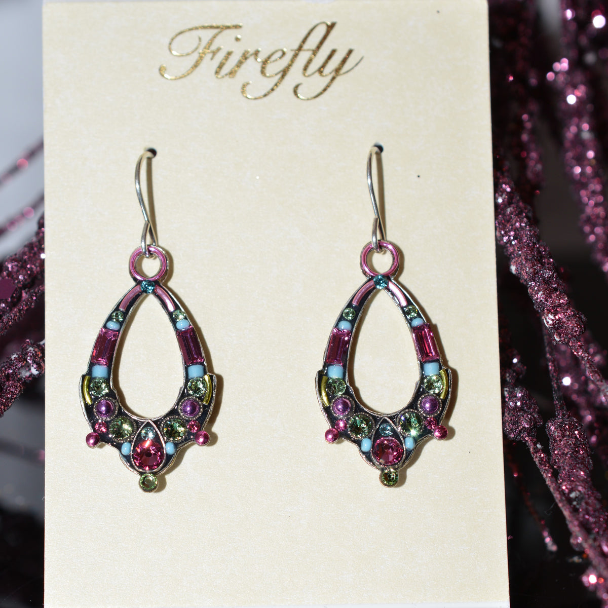 Antique Silver Plated Oval Rose-Colored Crystal Hoop Earrings by Firefly