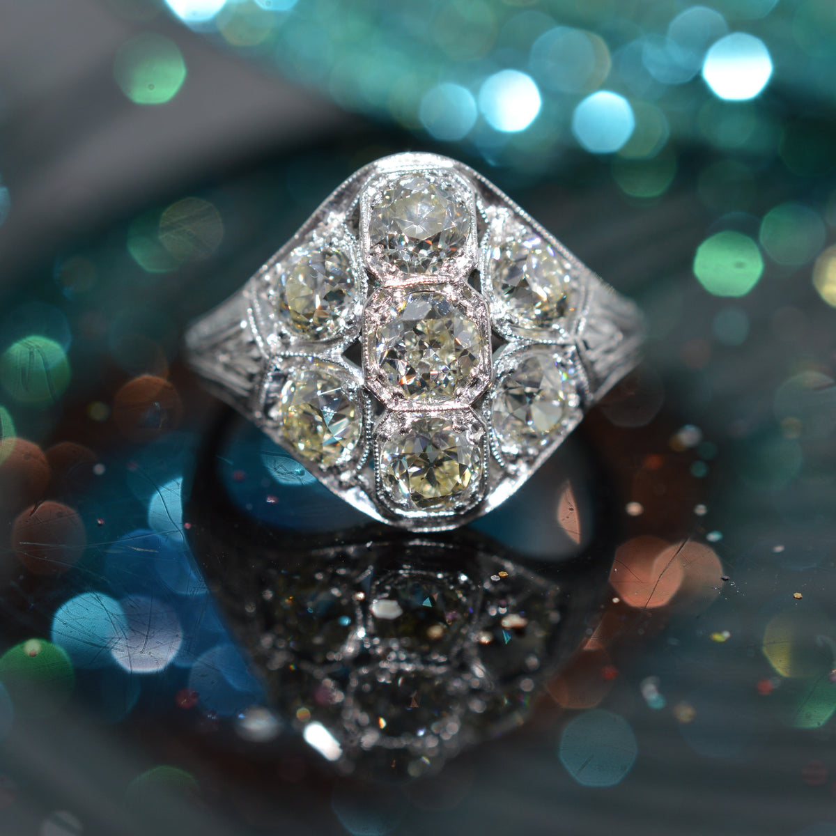 Platinum Antique Old Mine Cut Diamond Cluster Ring