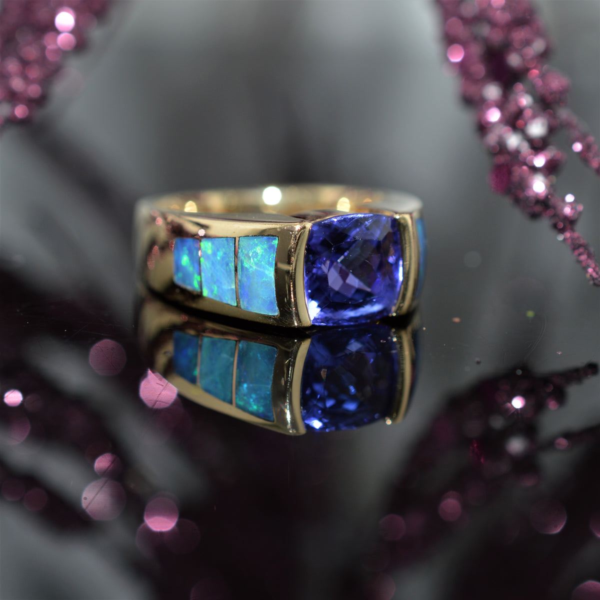 14K Yellow Gold Tanzanite And Inlaid Opal Ring