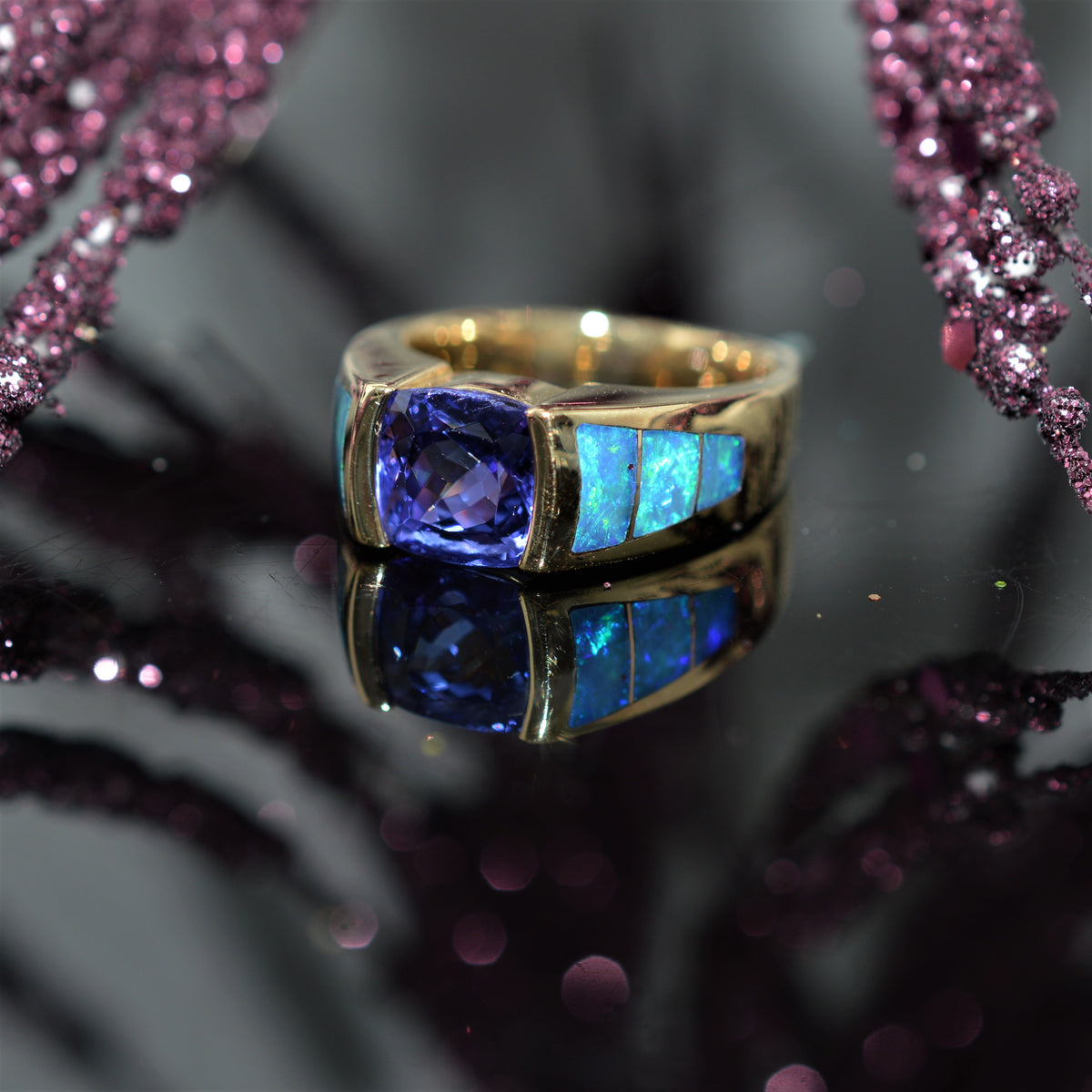 14K Yellow Gold Tanzanite And Inlaid Opal Ring