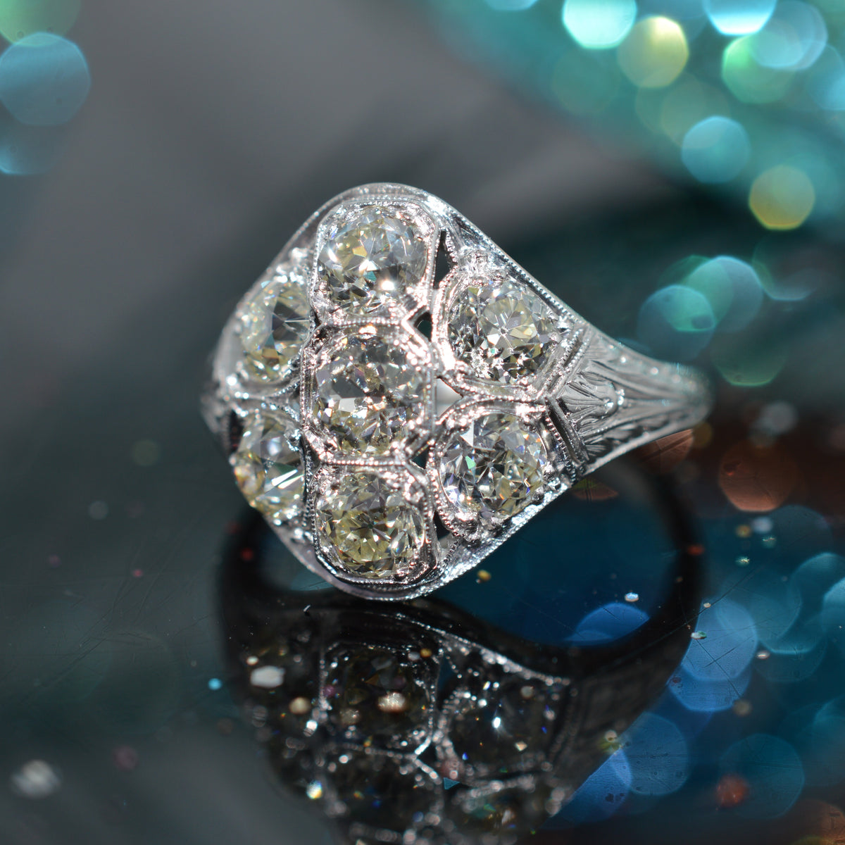 Platinum Antique Old Mine Cut Diamond Cluster Ring