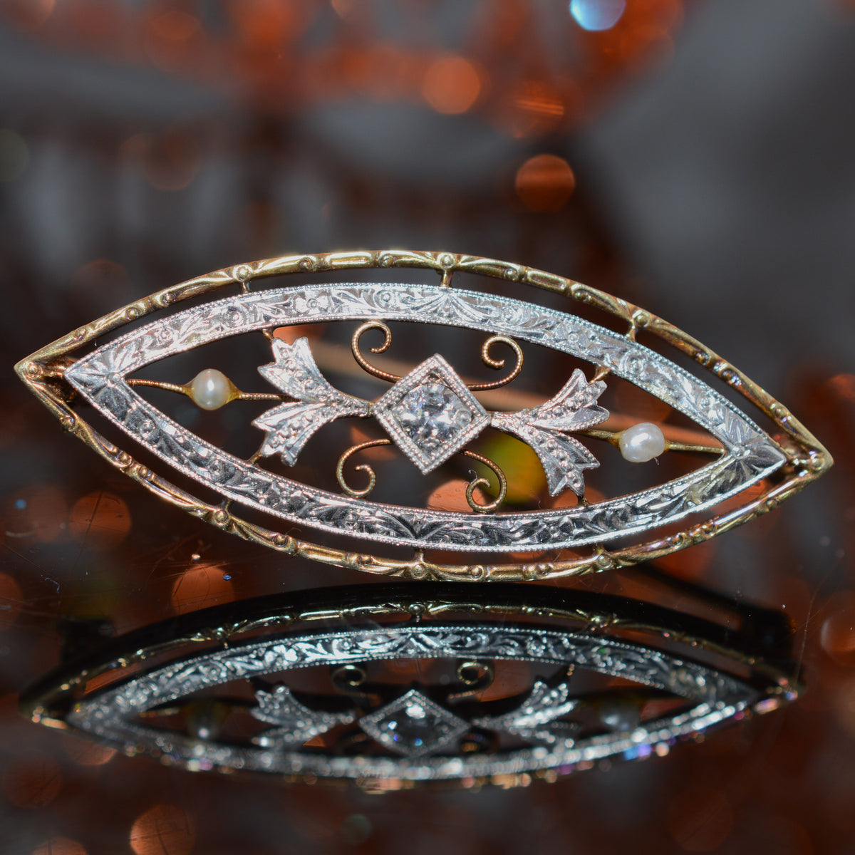 Yellow Gold And Platinum Vintage Diamond And Pearl Brooch