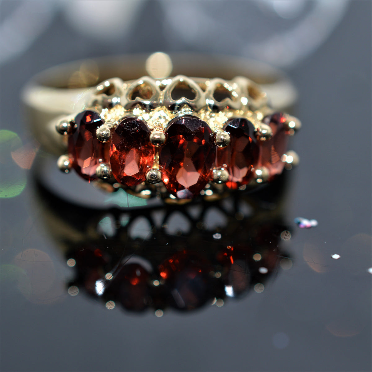 14K Yellow Gold Five Oval Garnet Ring