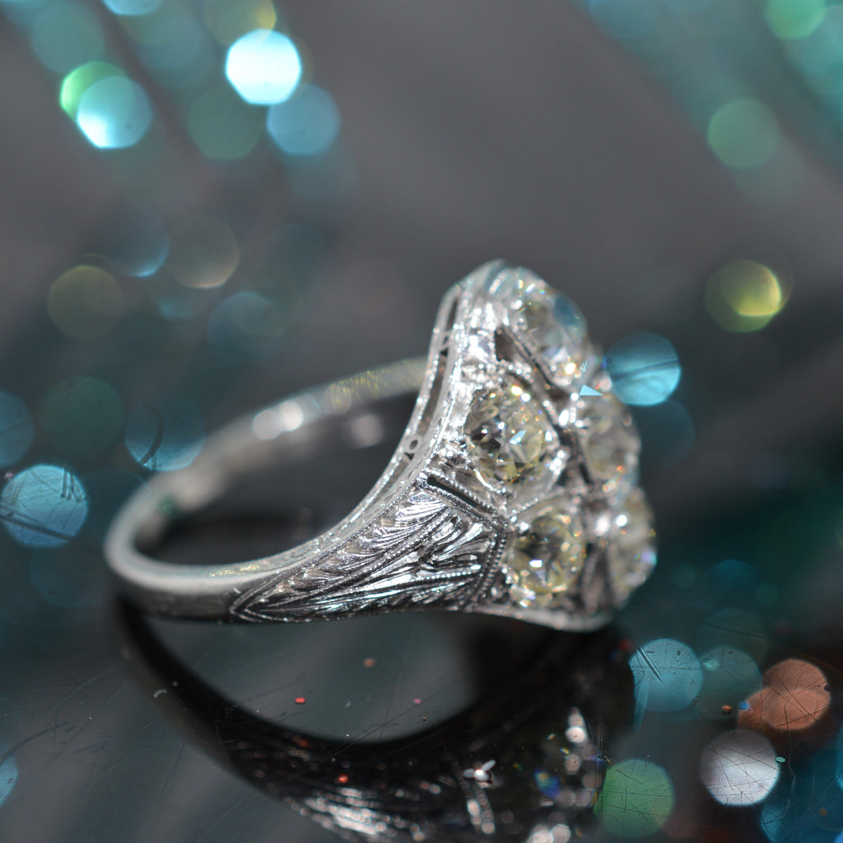 Platinum Antique Old Mine Cut Diamond Cluster Ring
