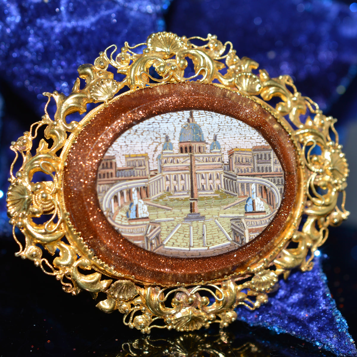15K Yellow Gold Antique Grand Tour Micro Mosaic Brooch Of Saint Peters Square