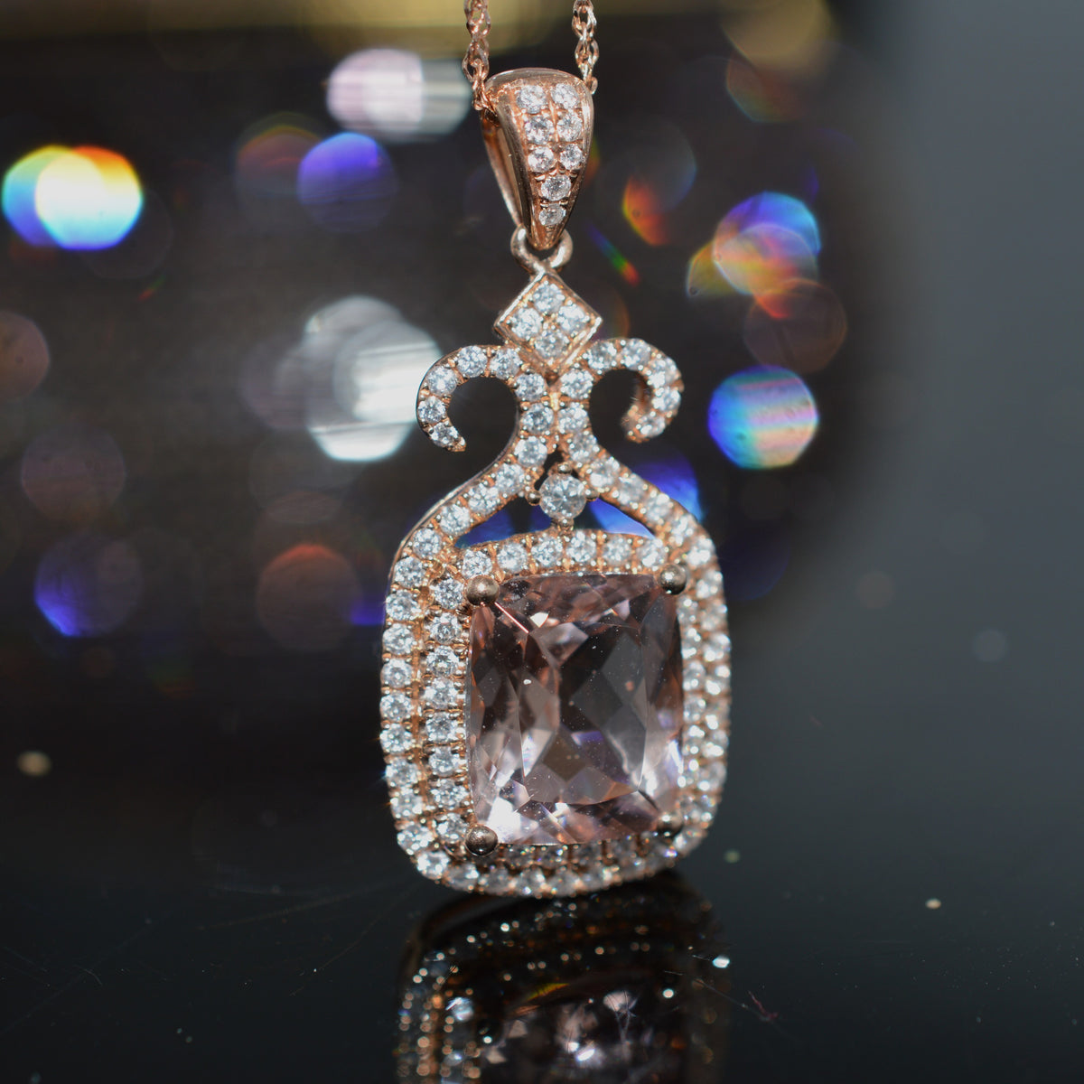 14K Rose Gold Morganite and Diamond Pendant on an 18&quot; Chain