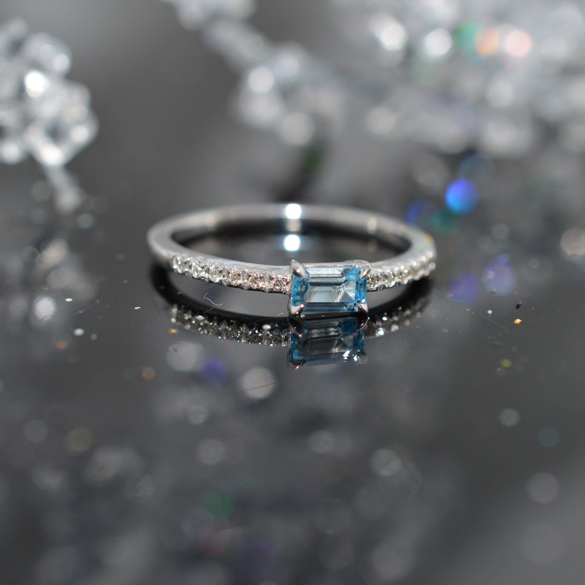 10K White Gold Sideways Set Emerald-Cut Blue Topaz And Diamond Stackable Ring