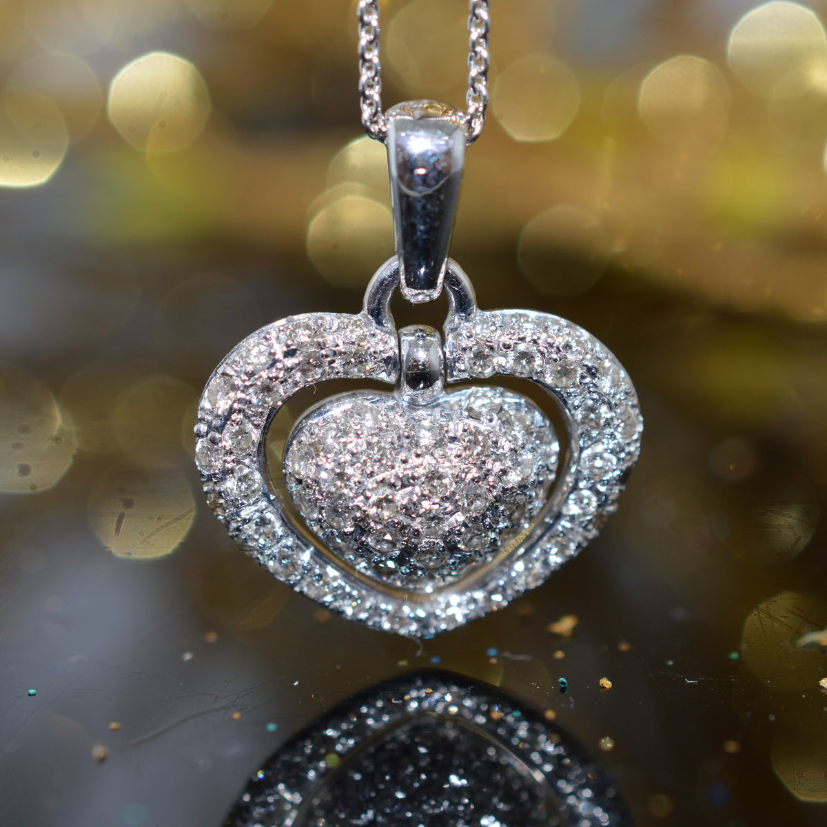 18K White Gold 1.00 Carat Total Weight Diamond Double Heart Pendant With Chain
