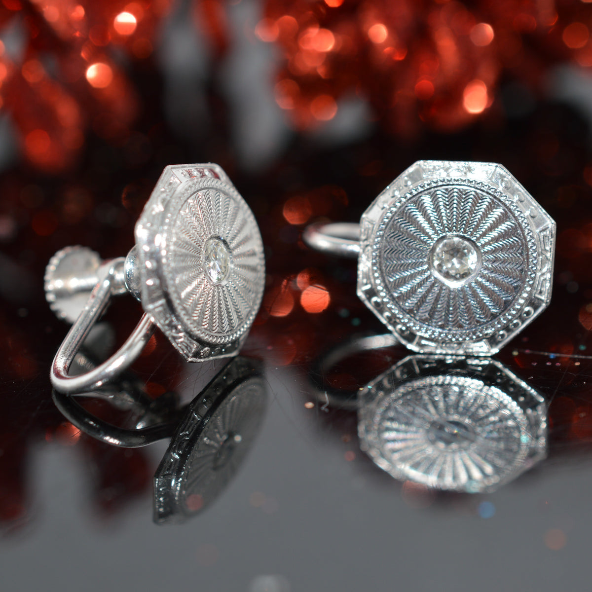 Platinum &amp; 14K White Gold Antique Nonpierced Diamond Earrings