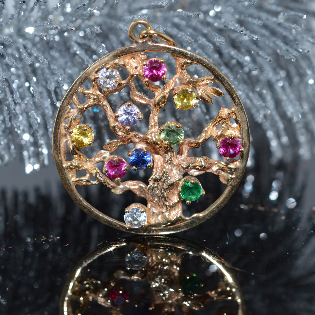 14K Yellow Gold Large Round Tree Of Life Charm With Synthetic Stones