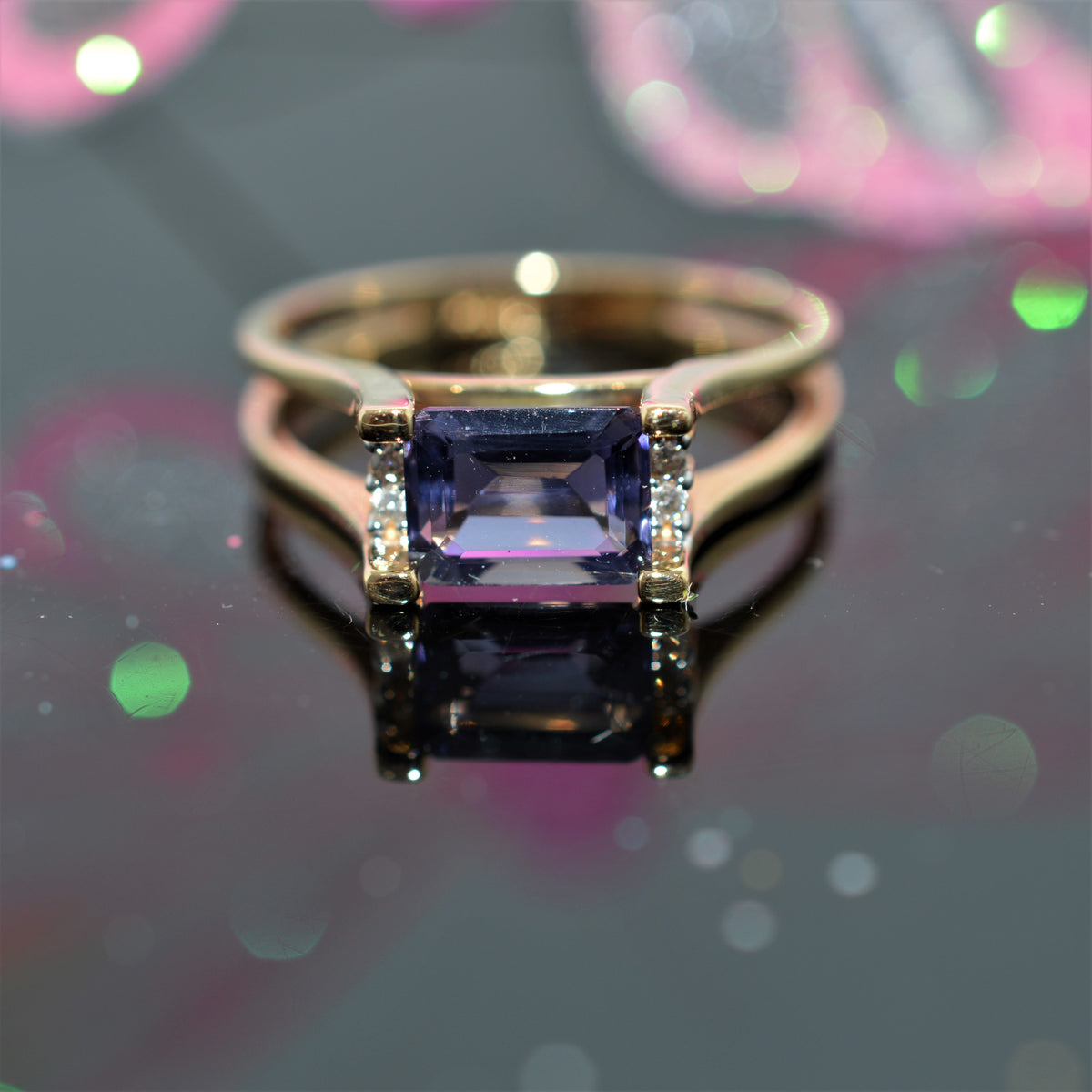 14K Yellow Gold Emerald Cut Amethyst And Diamond Ring