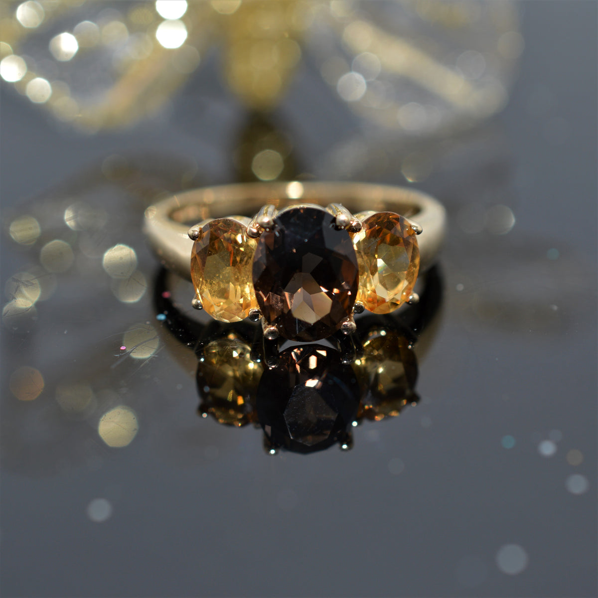 14K Yellow Gold Oval Cut Smoky Quartz And Citrine Ring