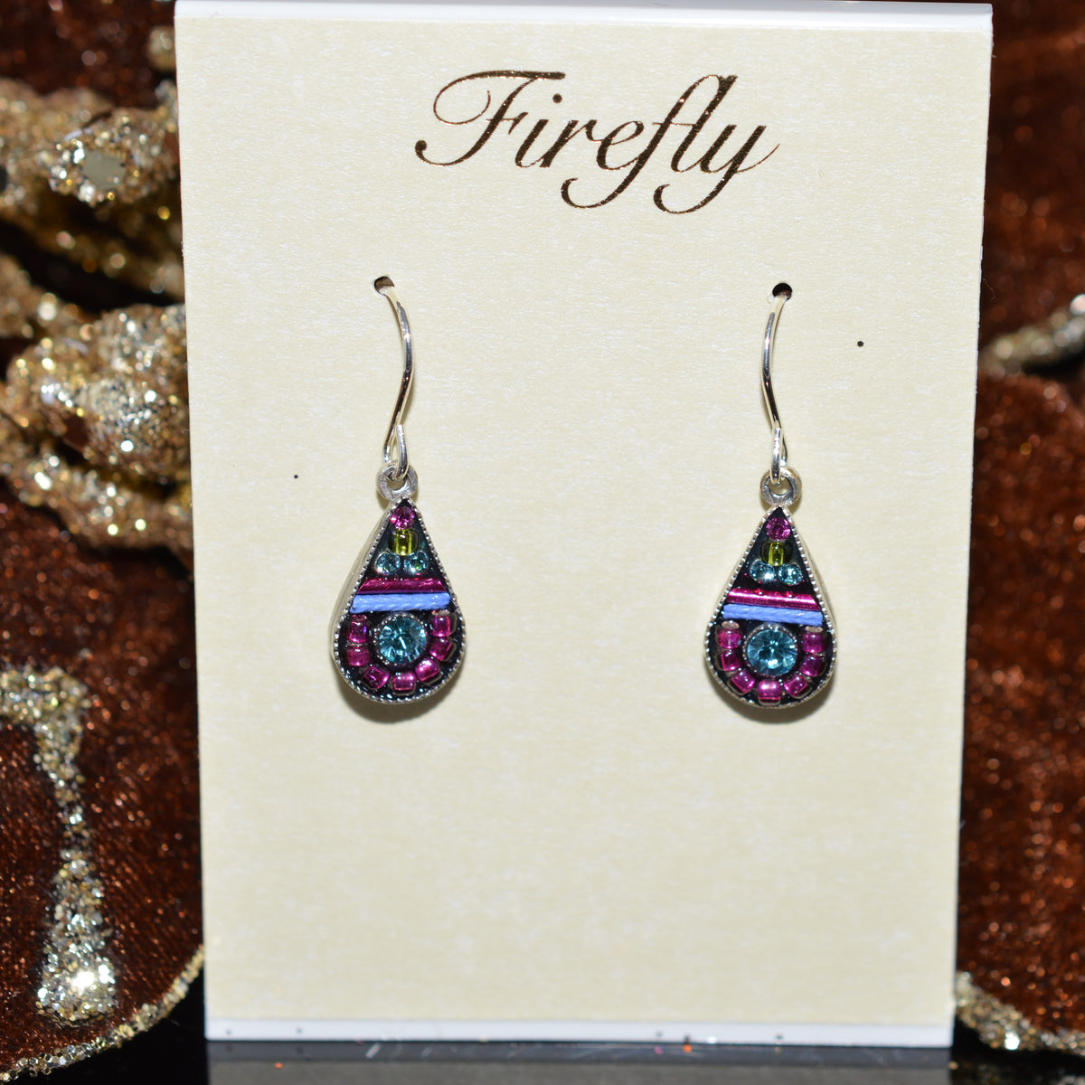 Antique Silver Plated Simple Drop Earrings by Firefly With Fuchsia Crystals