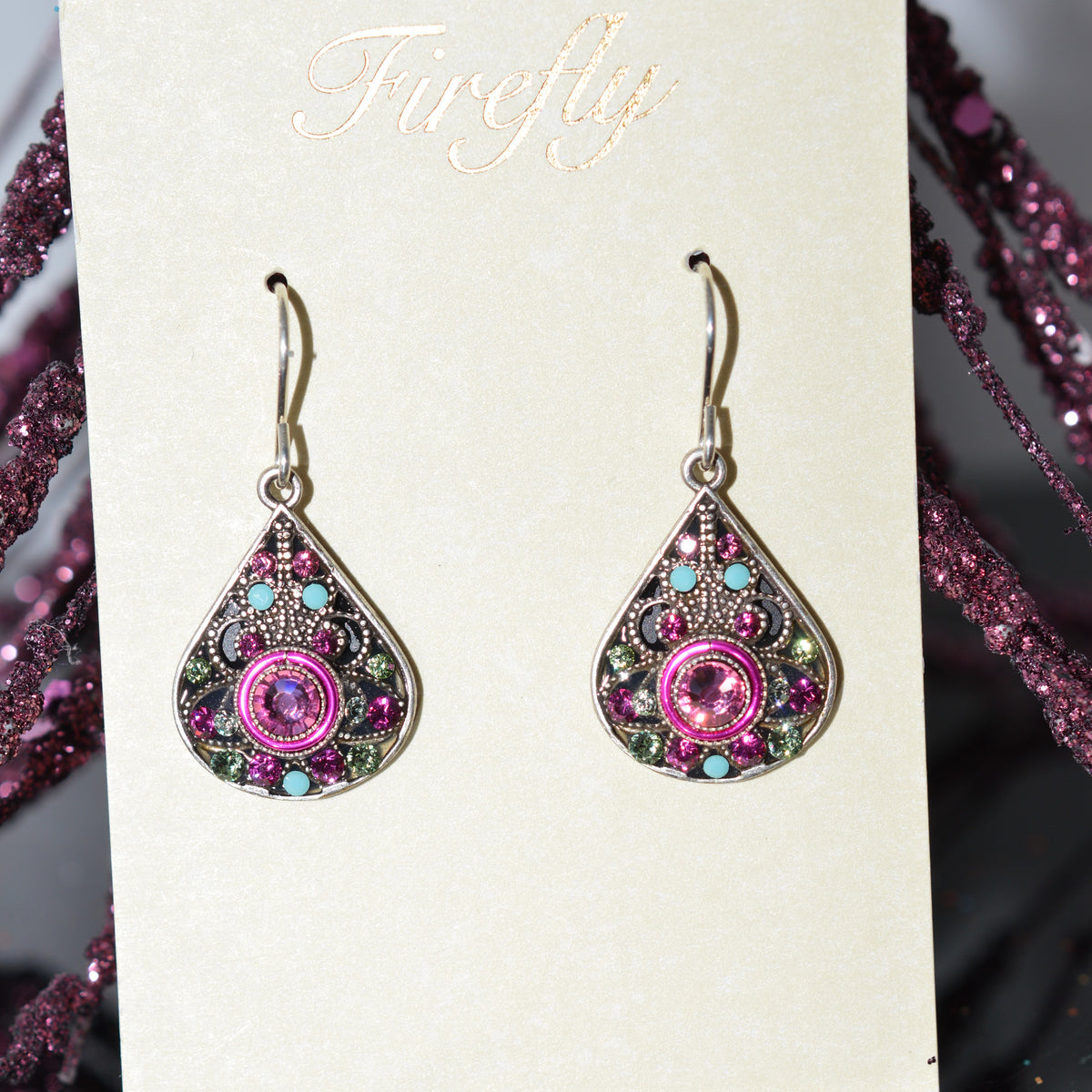 Antique Silver Plated Rose Crystal Filigree Earrings by Firefly
