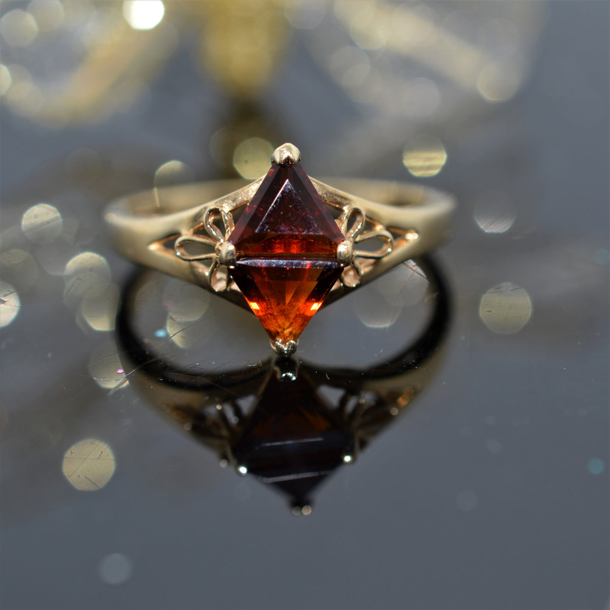 14K Yellow Gold Two Trillion Cut Garnet Ring