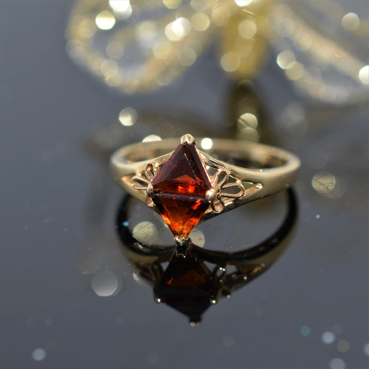 14K Yellow Gold Two Trillion Cut Garnet Ring