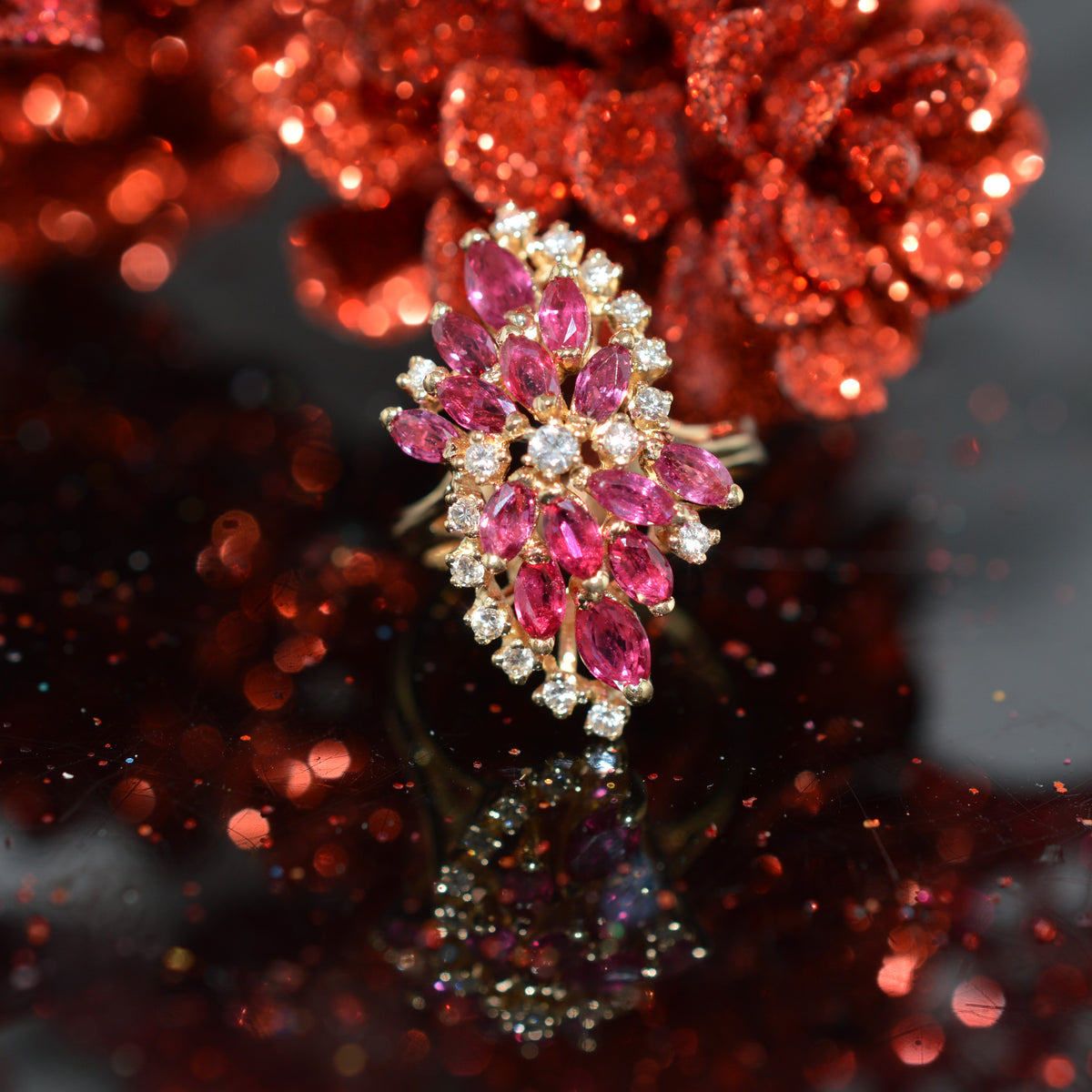 14K Yellow Gold Marquise Ruby And Diamond Cluster Ring
