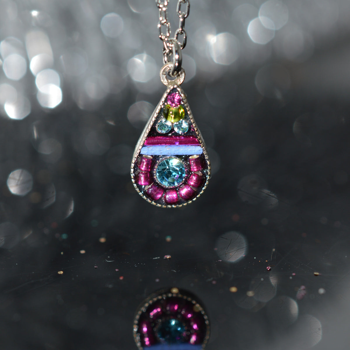 Antique Silver Plated Simple Drop Pendant by Firefly With Fuchsia Crystals