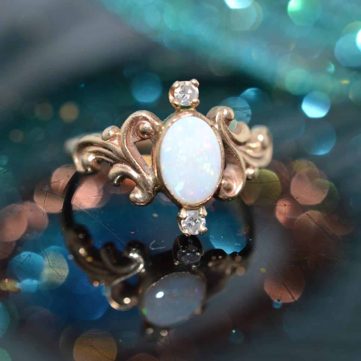 10K Yellow Gold Opal And Two Diamond Ring