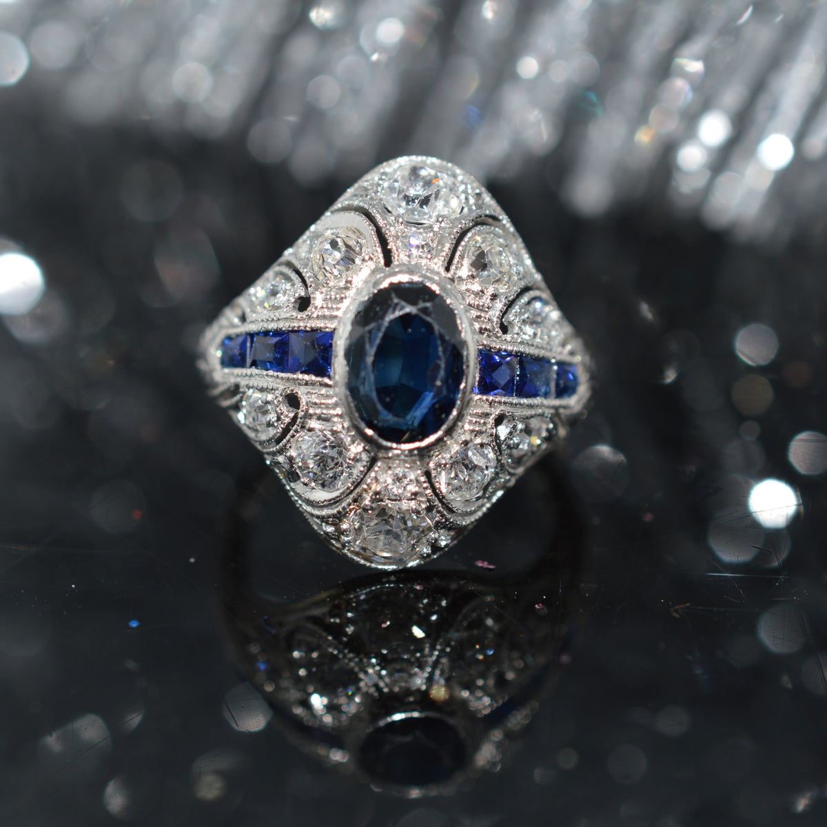 Antique Platinum Sapphire And Old Mine Cut Diamond Ring