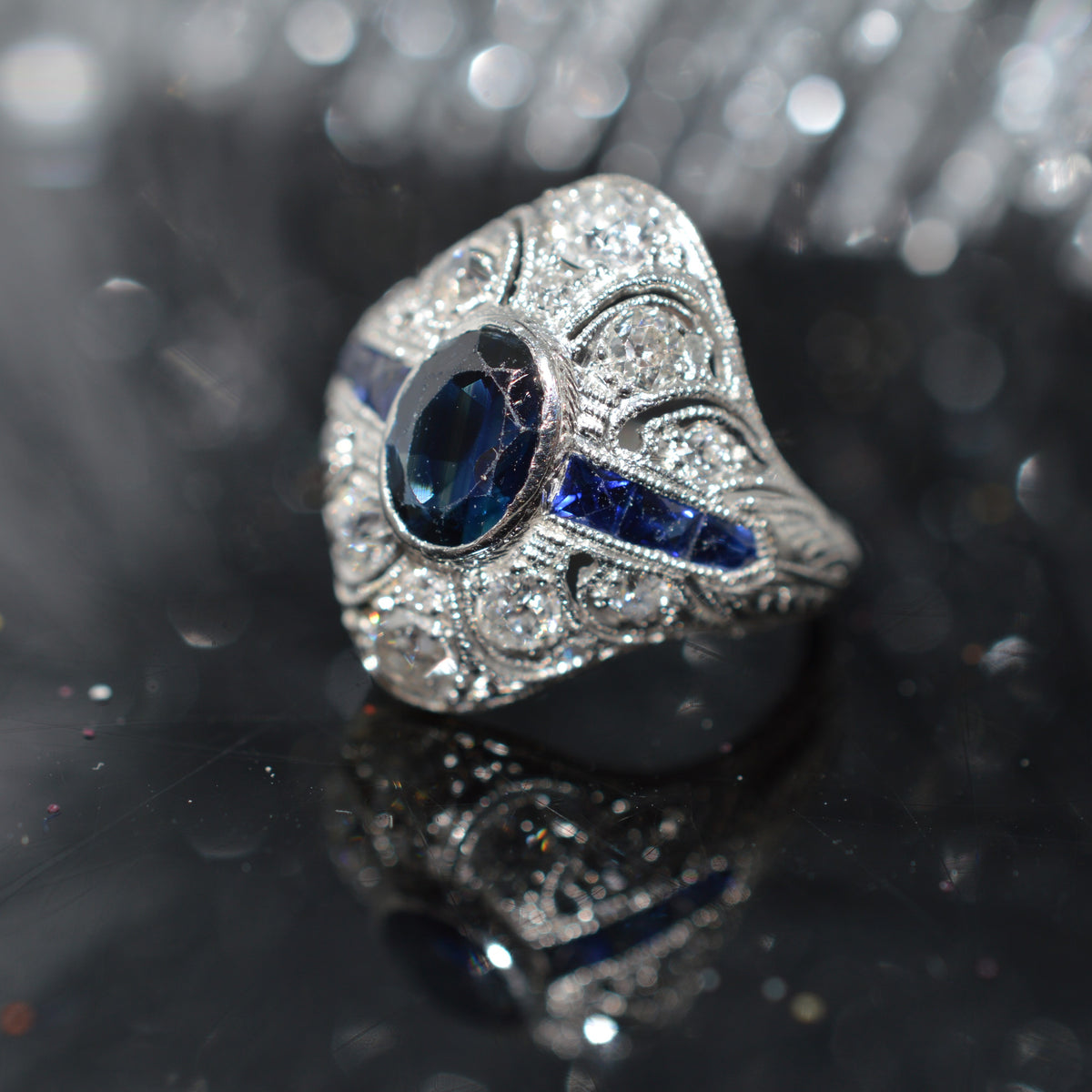 Antique Platinum Sapphire And Old Mine Cut Diamond Ring