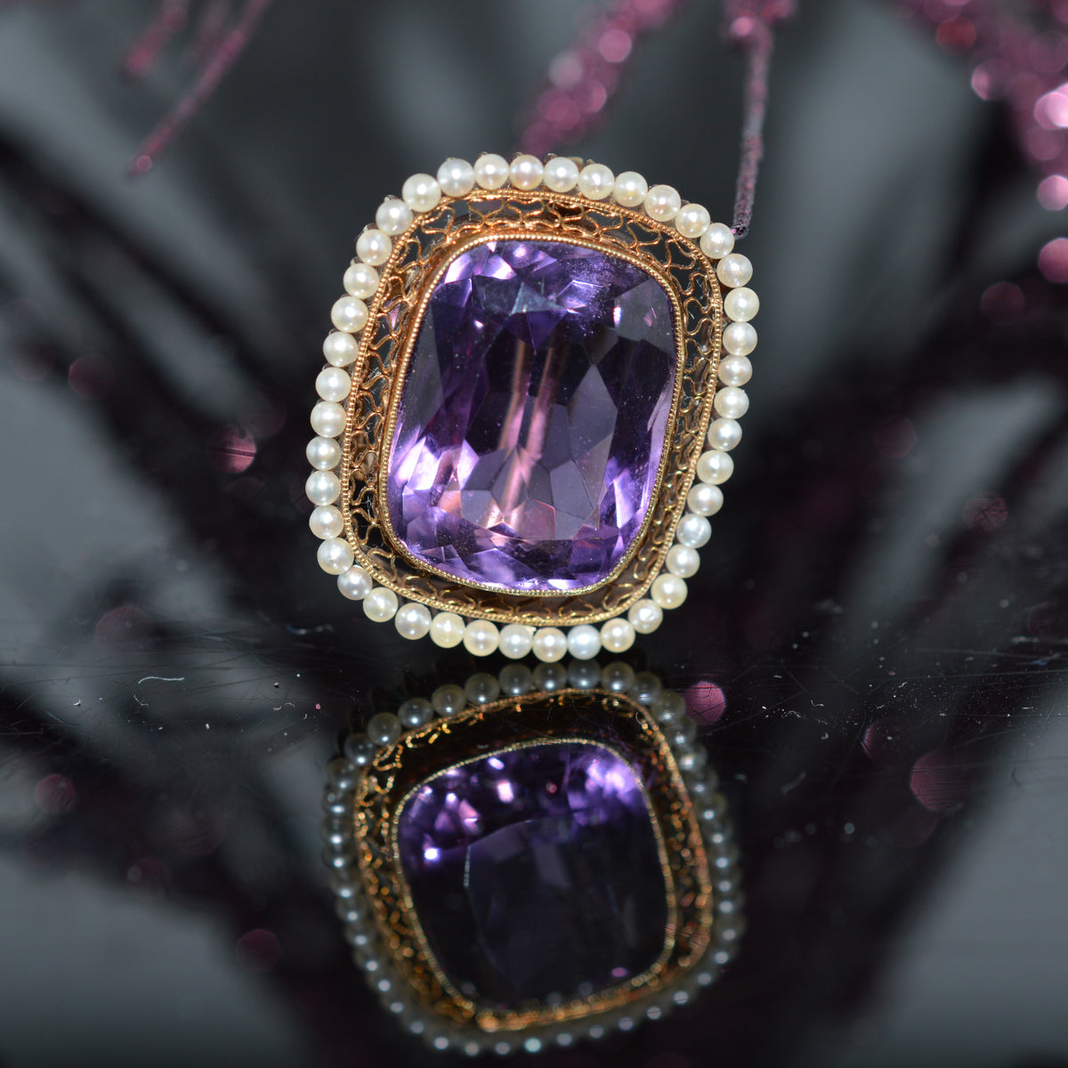 Beautiful Antique 14K Gold Amethyst &amp; Seed Pearl Pin/Pendant