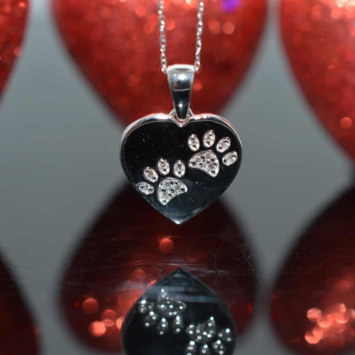 14K White Gold Diamond Paw Print Heart Pendant On 18&quot; Chain
