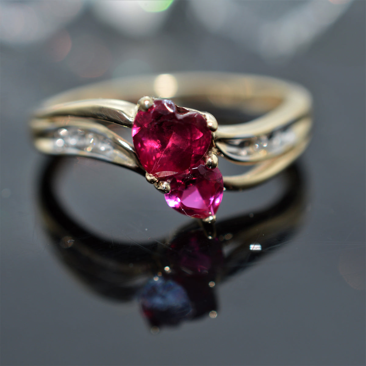 10K Yellow Gold Ring With 2 Created Heart Cut Rubies