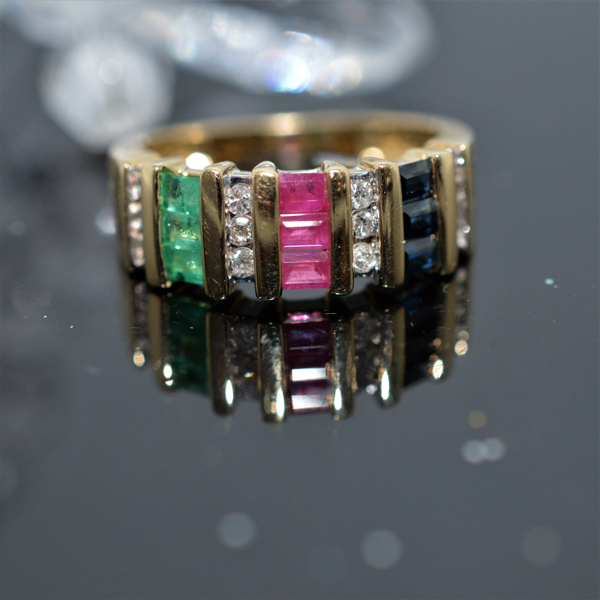 14K Yellow Gold Ruby, Sapphire, Emerald And Diamond Ring